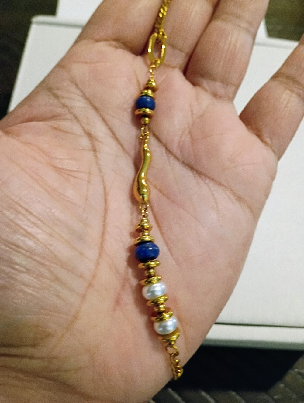 New Gold-Tone Blue & White Bead Bracelet - Women Jewelry